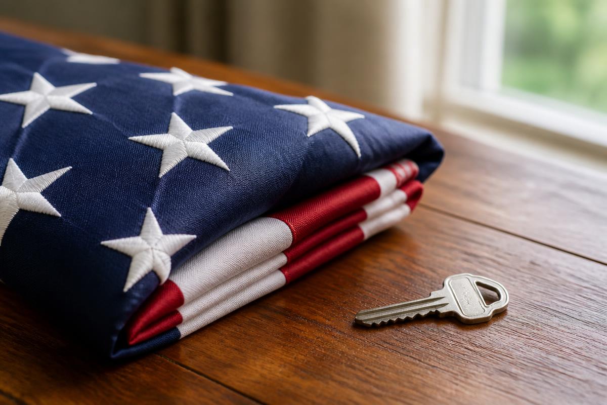 Folded American flag beside a house key on a wooden table